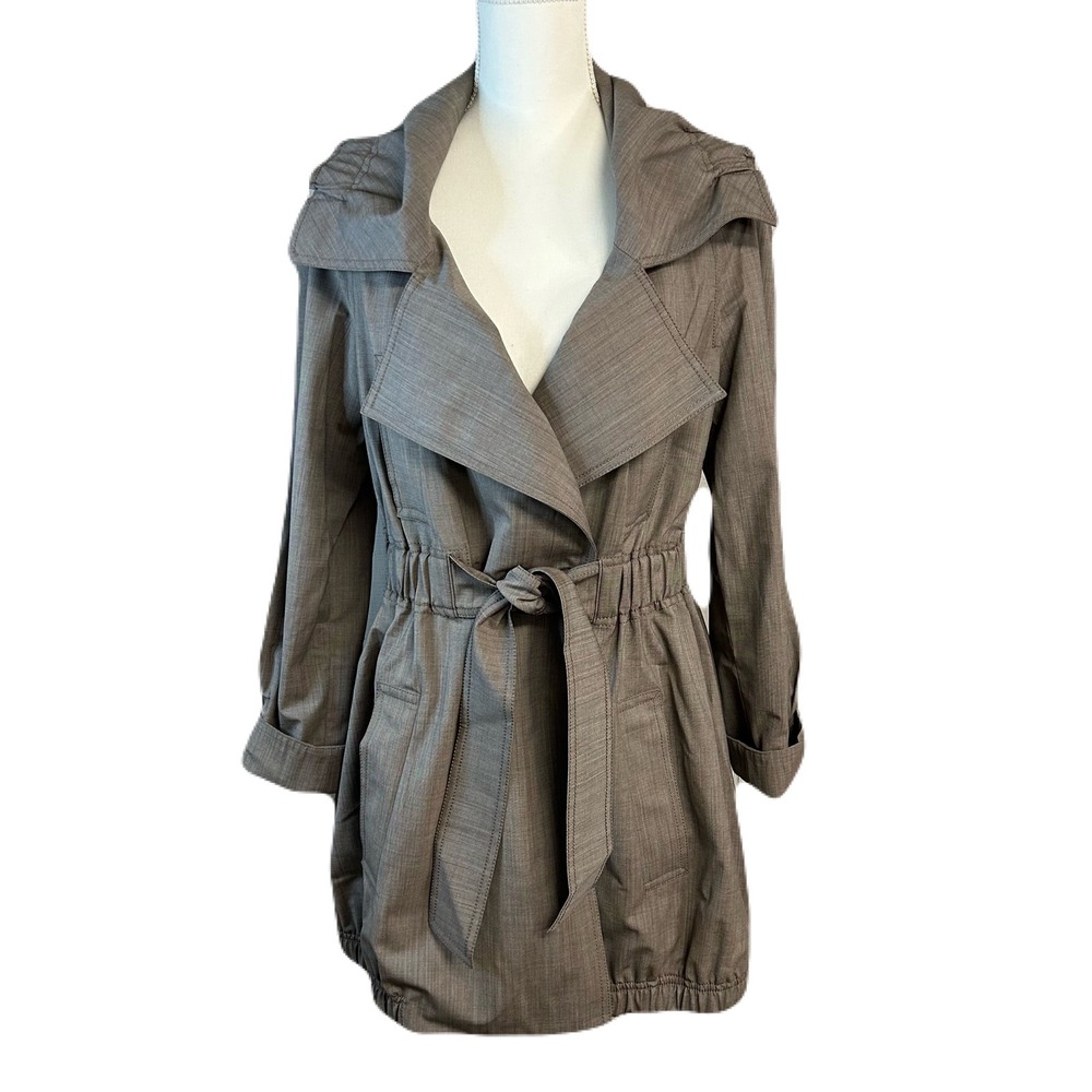 St. John Women Trench Jacket Oversized S Belted Wool Blend Ruffle Collar Neutral